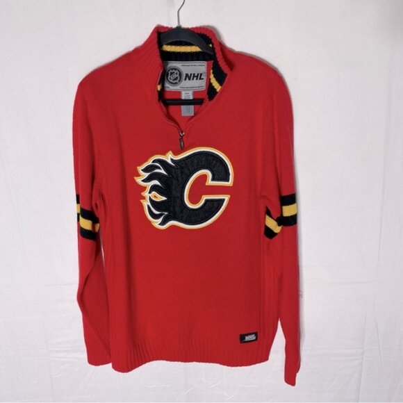 Vintage NHL Red Yellow Black Mock Neck Knit Calgary Flames Pullover Sweater M - Picture 1 of 16